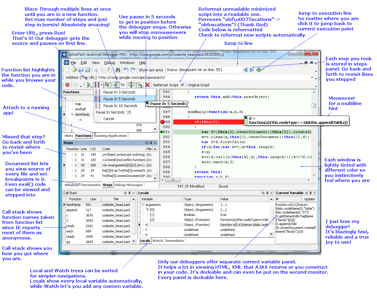 SplineTech JavaScript Debugger PRO in Action