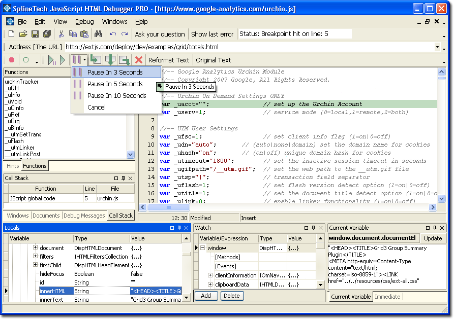 SplineTech JavaScript Debugger PRO in Action