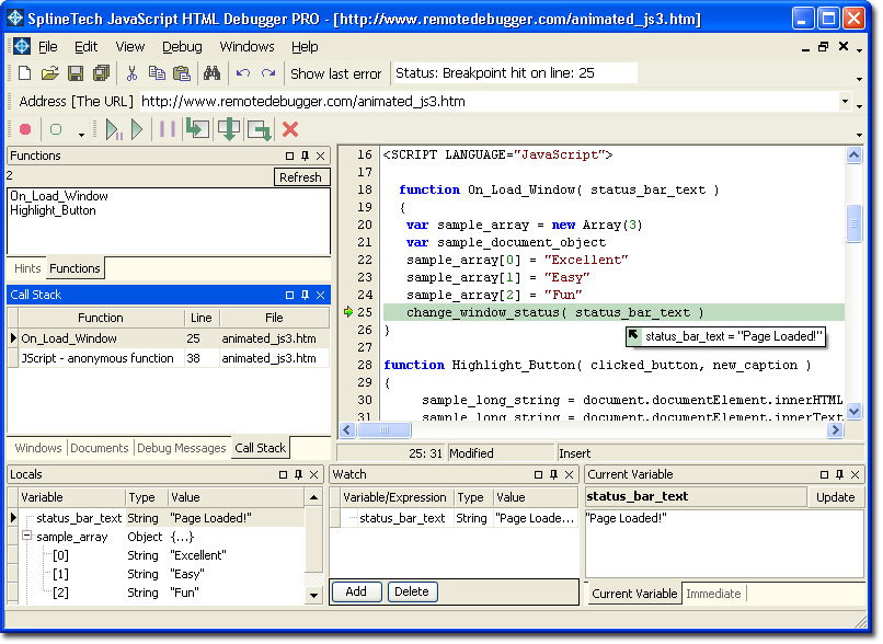 Splinetech Javascript HTML Debugger PRO V7.34 in Action