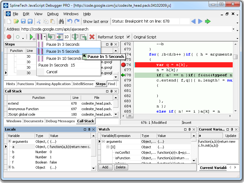 Screenshot of SplineTech JavaScript Debugger PRO